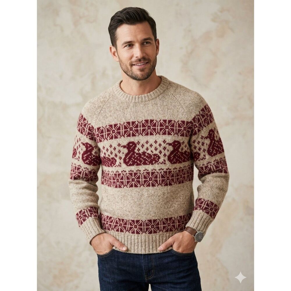 Vintage Lord Jeff Mountain Marls Wool Ducks Grandpa Sweater - Tan/Burgundy L